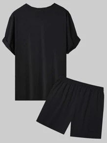 Manfinity Homme Men Solid Tee & Drawstring Waist Shorts - Black - View 4