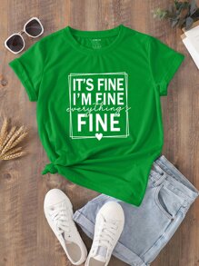 SHEIN LUNE Áo thun nữ Slogan Giải trí - màu xanh lá - Xem 1