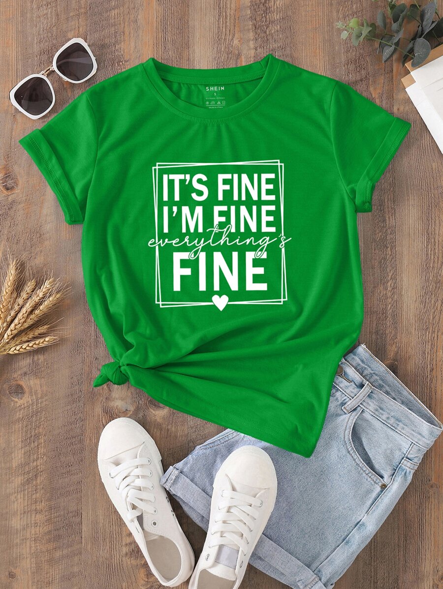 SHEIN LUNE Áo thun nữ Slogan Giải trí - màu xanh lá - Xem 1