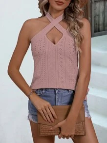 SHEIN LUNE 素色交叉掛脖上衣 - 藕粉色 - 查看 1