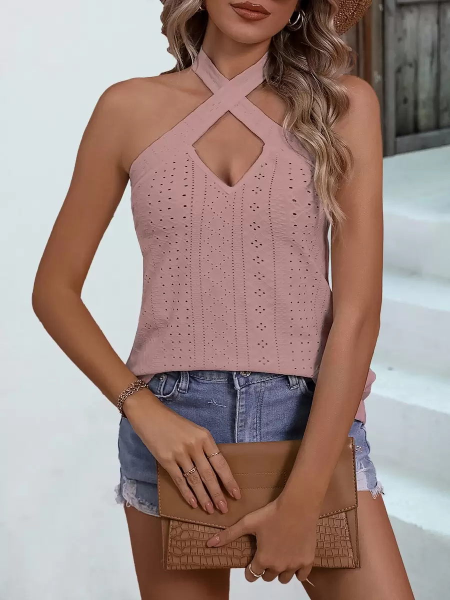 SHEIN LUNE 素色交叉掛脖上衣 - 藕粉色 - 查看 1