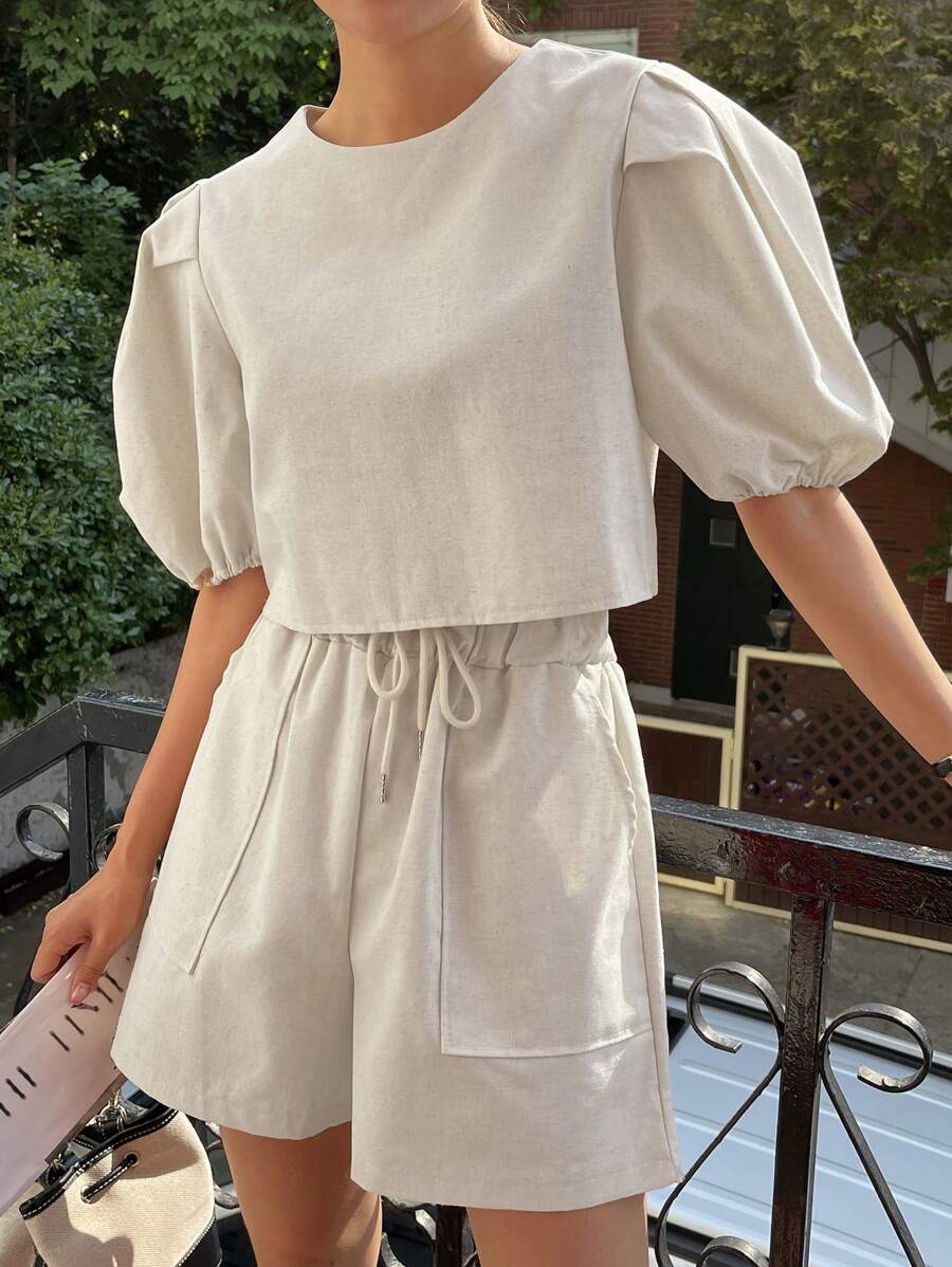 DAZY Puff Sleeve Blouse & Drawstring Waist Shorts - Khaki - View 1