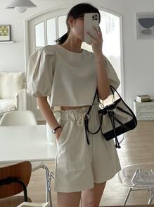 DAZY Puff Sleeve Blouse & Drawstring Waist Shorts - Khaki - View 2