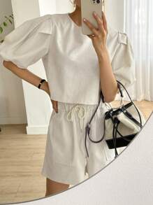 DAZY Puff Sleeve Blouse & Drawstring Waist Shorts - Khaki - View 3