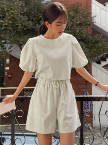 DAZY Puff Sleeve Blouse & Drawstring Waist Shorts - Khaki - View 4