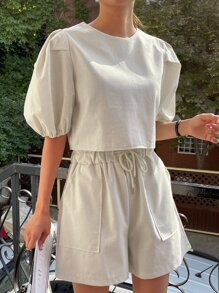 DAZY Puff Sleeve Blouse & Drawstring Waist Shorts - Khaki - View 6