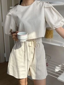 DAZY Puff Sleeve Blouse & Drawstring Waist Shorts - Khaki - View 7