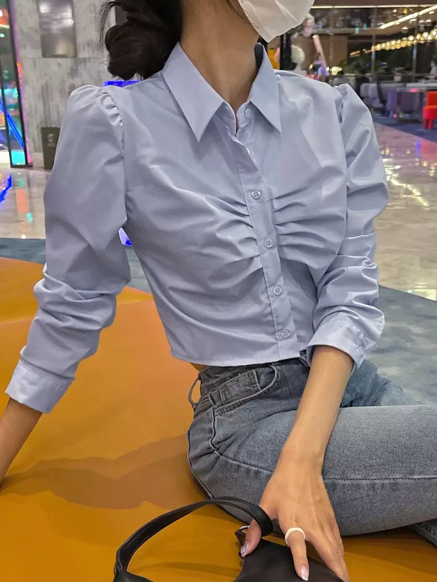 DAZY Áo sơ mi nữ Xù Nút phía trước màu trơn Giải trí - Màu xanh nhạt - Xem 1