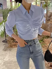 DAZY Áo sơ mi nữ Xù Nút phía trước màu trơn Giải trí - Màu xanh nhạt - Xem 4