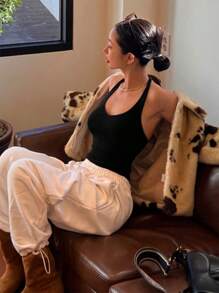 DAZY Solid Backless Halter Top Tank Tops - Black - View 5