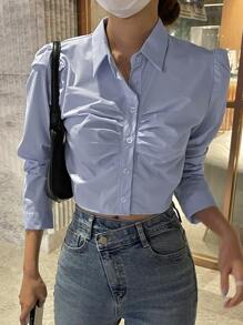 DAZY Áo sơ mi nữ Xù Nút phía trước màu trơn Giải trí - Màu xanh nhạt - Xem 6