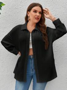 SHEIN Essnce Camisa unicolor de hombros caídos con botón delantero - Negro - Ver 4