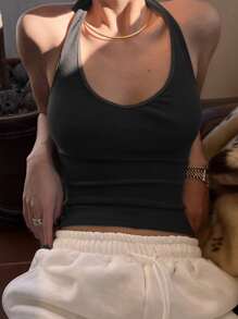 DAZY Solid Backless Halter Top Tank Tops