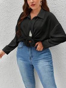 SHEIN Essnce Camisa unicolor de hombros caídos con botón delantero - Negro - Ver 6