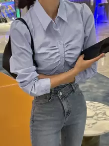 DAZY Áo sơ mi nữ Xù Nút phía trước màu trơn Giải trí - Màu xanh nhạt - Xem 8