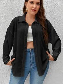 SHEIN Essnce Camisa unicolor de hombros caídos con botón delantero - Negro - Ver 1