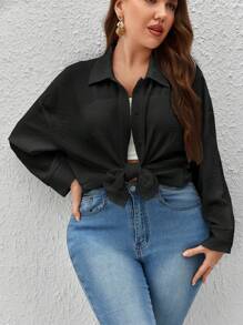 SHEIN Essnce Camisa unicolor de hombros caídos con botón delantero - Negro - Ver 3