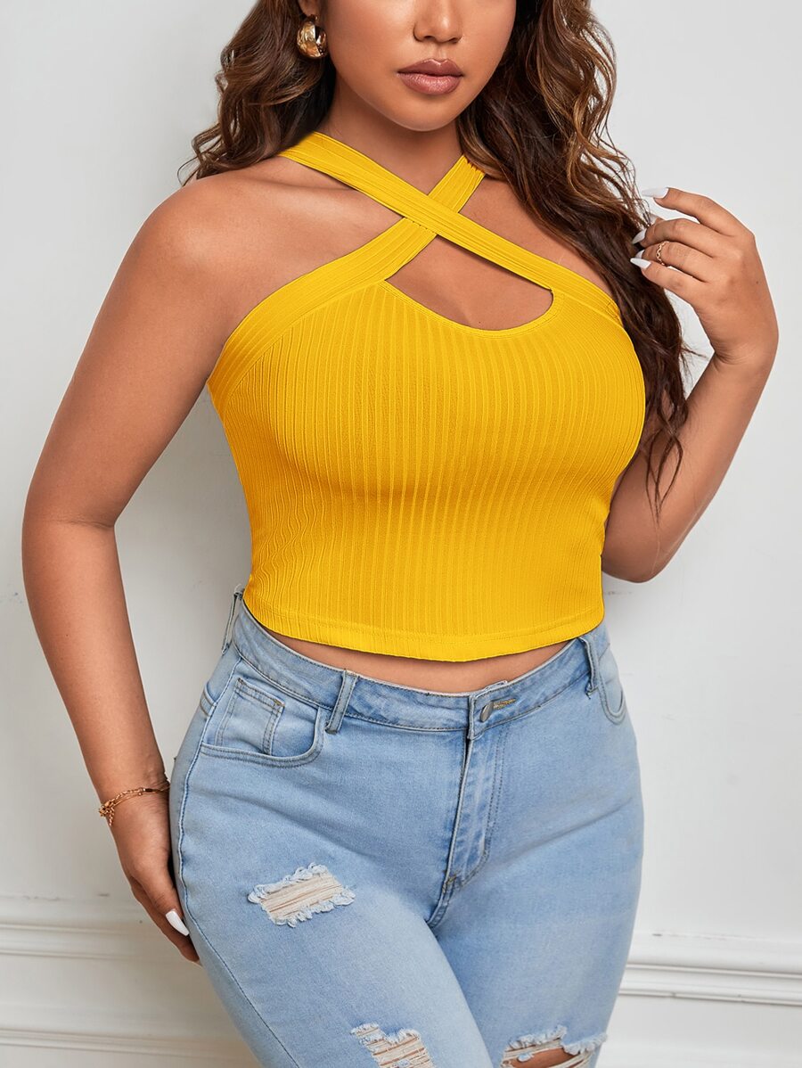 SHEIN Privé Áo hai dây Plus Size Hội Chữ thập Gân đan màu trơn Giải trí - Màu vàng - Xem 1