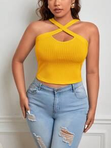 SHEIN Privé Áo hai dây Plus Size Hội Chữ thập Gân đan màu trơn Giải trí - Màu vàng - Xem 3