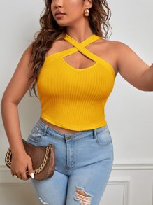 SHEIN Privé Áo hai dây Plus Size Hội Chữ thập Gân đan màu trơn Giải trí - Màu vàng - Xem 4