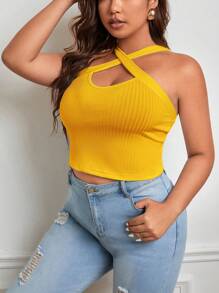 SHEIN Privé Áo hai dây Plus Size Hội Chữ thập Gân đan màu trơn Giải trí - Màu vàng - Xem 5