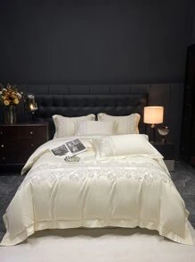 3入組套無填充物花卉刺繡被套1入組被套和2入組枕套家居現代布藝床上用品套裝 - 白色 - 查看 2