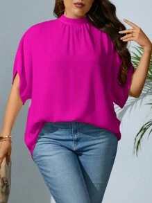 SHEIN Privé Plus Mock Neck Batwing Sleeve Tie Back Blouse - Hot Pink - View 1