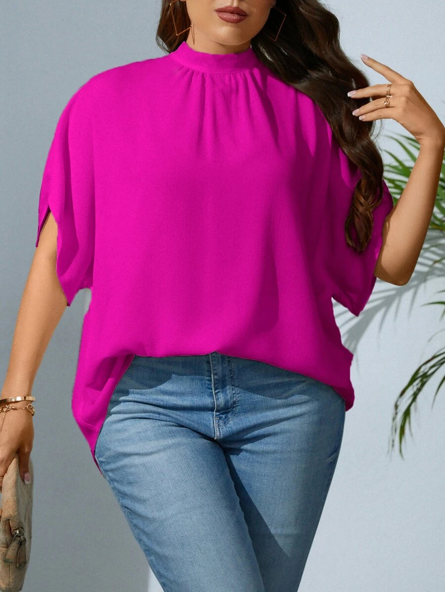 SHEIN Privé Plus Mock Neck Batwing Sleeve Tie Back Blouse - Hot Pink - View 1