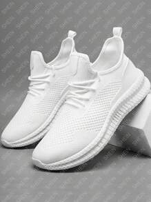 男士防滑透氣繫帶運動戶外白色織物跑步鞋