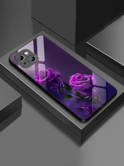 1pc Glossy Glass Purple Rose Flower Phone Case Compatible With IPhone 16 Pro Max/16 Pro/16 Plus/16 And A55/A54/S24/S24 Plus/S24 Ultra/S24 FE And Other Models Waterproof Shockproof Anti-Fall Scratch Resistant