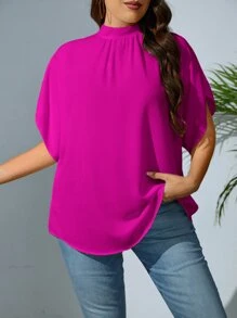 SHEIN Privé Plus Mock Neck Batwing Sleeve Tie Back Blouse - Hot Pink - View 4