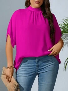 SHEIN Privé Plus Mock Neck Batwing Sleeve Tie Back Blouse - Hot Pink - View 6