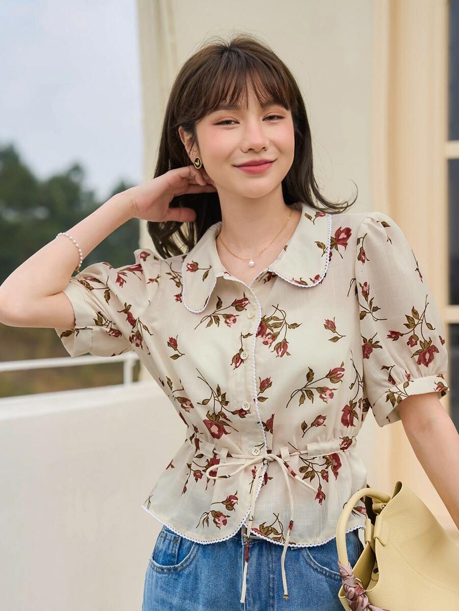 DAZY 印花泡泡袖腰部抽繩襯衫 - 杏色 - 查看 1