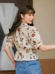 DAZY 印花泡泡袖腰部抽繩襯衫 - 杏色 - 查看 2