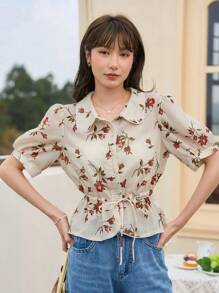 DAZY 印花泡泡袖腰部抽繩襯衫 - 杏色 - 查看 3