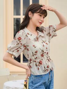 DAZY 印花泡泡袖腰部抽繩襯衫 - 杏色 - 查看 5