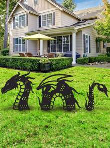 3入組/套鐵製裝飾花園樁素色龍設計戶外景觀花園樁 - 黑色 - 查看 1