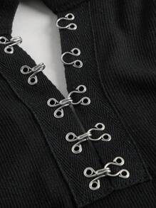 SHEIN MOD Hook And Eye Front Puff Sleeve Crop Tee - Black - View 3