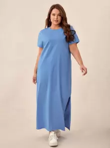 SHEIN BASICS Vestido De Camiseta Sólida De Talla Grande - Azul - Ver 3