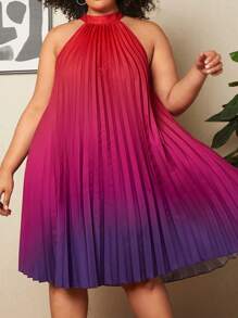 SHEIN CURVE+ Plus Ombre Pleated Hem Halter Dress - Red - View 1