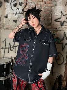 ROMWE Grunge Punk Áo sơ mi nữ Nút phía trước Đồ họa Lá thư Giải trí - màu đen - Xem 2
