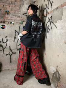 ROMWE Grunge Punk Áo sơ mi nữ Nút phía trước Đồ họa Lá thư Giải trí - màu đen - Xem 4