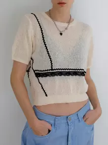 SHEIN Contrast Lace Crop Knit Top Without Bra - Beige - View 1