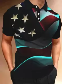 Manfinity Homme Áo Polo Nam In Hình Ngôi Sao Nút Lên Đồ Họa Cờ Mỹ In Áo Sơ Mi Polo Thời Trang Nhiều Màu Sắc - màu đen - Xem 1