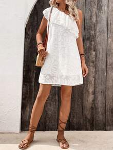 SHEIN WYWH Vestido jacquard de un hombro ribete con fruncido - Blanco - Ver 5