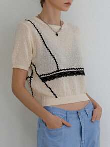 SHEIN Contrast Lace Crop Knit Top Without Bra - Beige - View 5