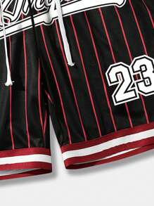 ROMWE MEN Prep Men Striped & Letter Graphic Drawstring Waist Mesh Shorts