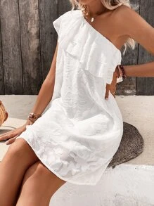 SHEIN WYWH Vestido jacquard de un hombro ribete con fruncido - Blanco - Ver 6