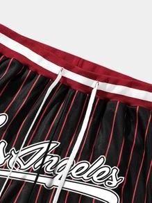 ROMWE MEN Prep Men Striped & Letter Graphic Drawstring Waist Mesh Shorts