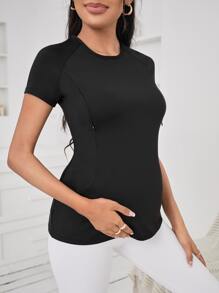 SHEIN Maternidad Camiseta de manga raglán con cremallera lateral - Negro - Ver 1